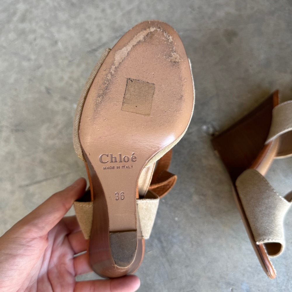 Chloe Tan Leather Canvas Wedge Sandals Peep Toe Ankle Strap Heels Size 36 Italy - Picture 5 of 5